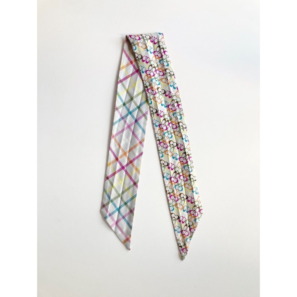 COACH Multi Color Logo Check Print Silk Twill 34" x 2.5" Twilly Skinny Scarf - Picture 2 of 9